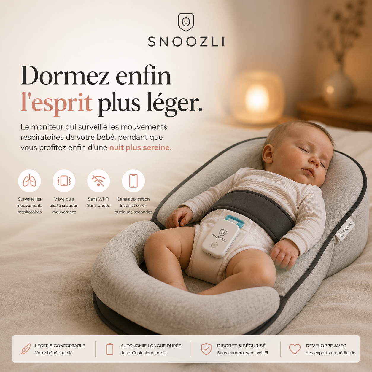 Snoozli Guardian™ - Moniteur respiratoire bébé