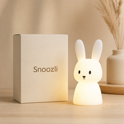 Veilleuse lapin LED Snoozli avec présentation de marque